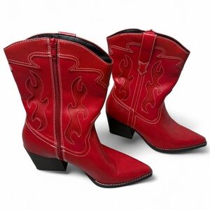 Red Western Cowgirl Boots Heeled Booties 9 Faux Leather Preppy Festival Boho